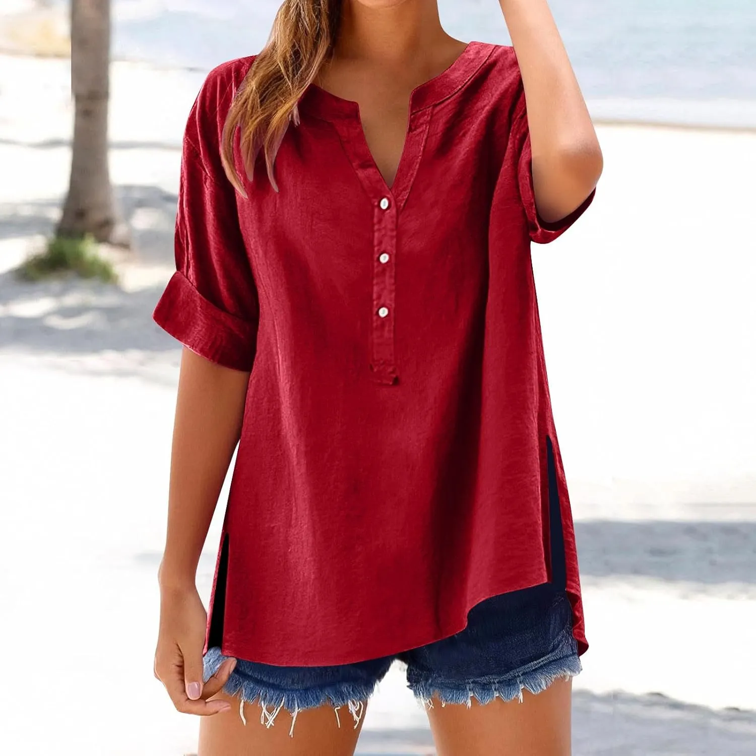 Linen Tops for Women 2025 Summer Button Down V Neck Shirts Casual Short Sleeve Loose Tshirt Cotton Linen Blouse Tees