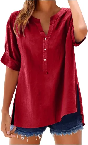 Linen Tops for Women 2025 Summer Button Down V Neck Shirts Casual Short Sleeve Loose Tshirt Cotton Linen Blouse Tees