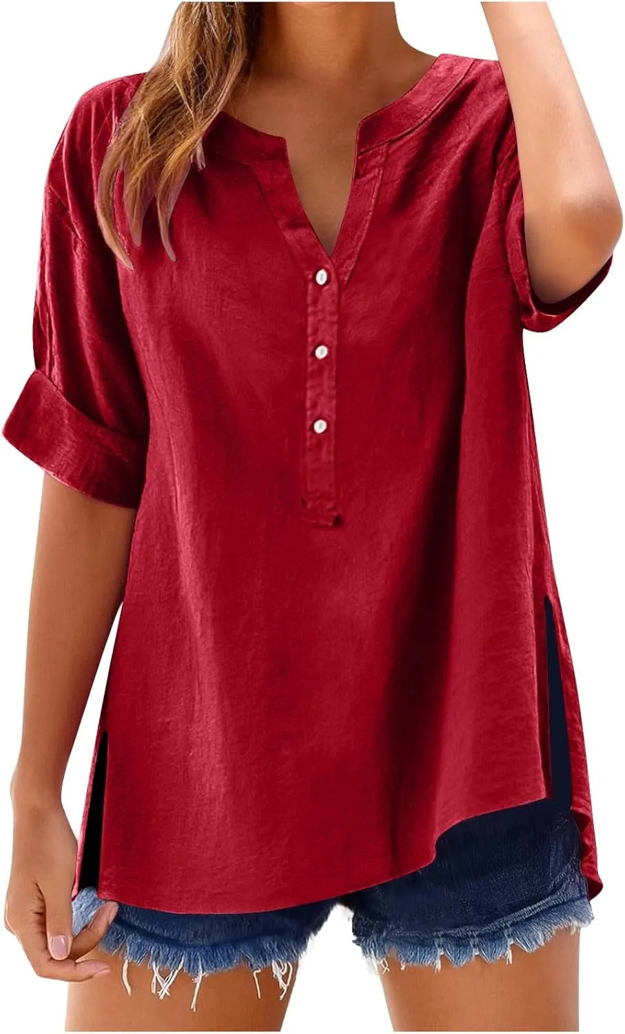 Linen Tops for Women 2025 Summer Button Down V Neck Shirts Casual Short Sleeve Loose Tshirt Cotton Linen Blouse Tees