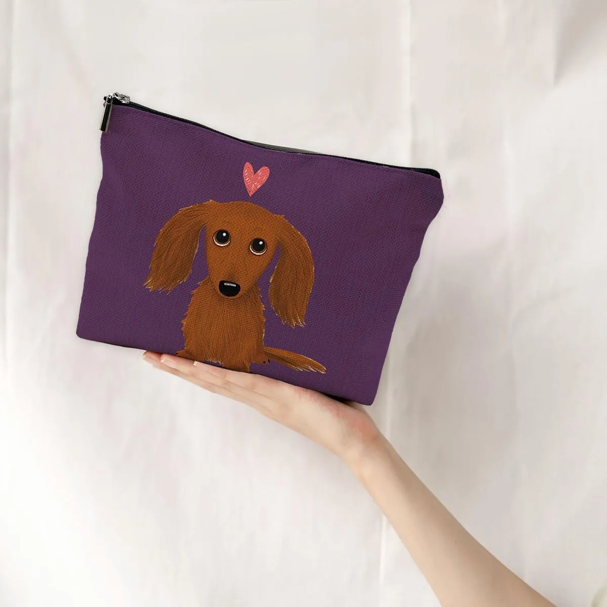 Long-Haired Dachshund Cartoon Wiener Dog Heart Makeup Bag Travel Cosmetic Bags,Funny Dachshund Puppy Dog Cosmetic Makeup Bags With Zipper Pouch Travel Toiletry Case,Dachshun,Purple Cosmetic Bag