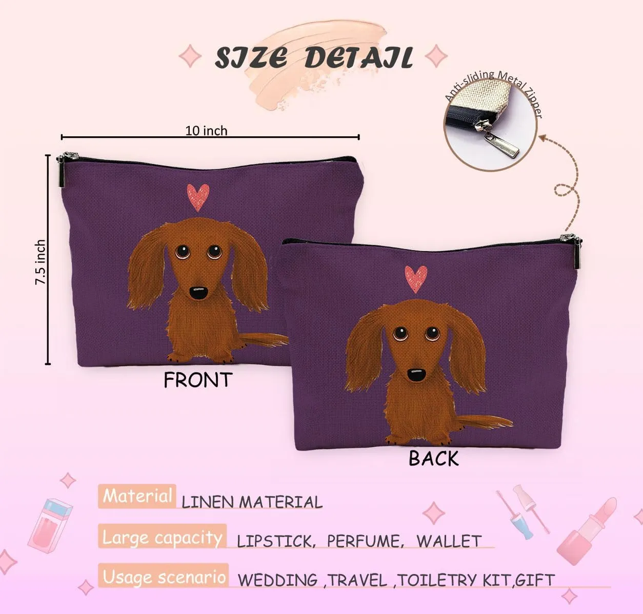 Long-Haired Dachshund Cartoon Wiener Dog Heart Makeup Bag Travel Cosmetic Bags,Funny Dachshund Puppy Dog Cosmetic Makeup Bags With Zipper Pouch Travel Toiletry Case,Dachshun,Purple Cosmetic Bag