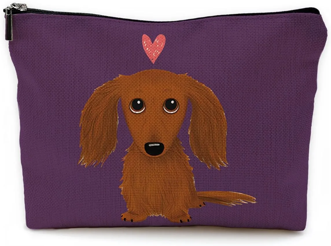 Long-Haired Dachshund Cartoon Wiener Dog Heart Makeup Bag Travel Cosmetic Bags,Funny Dachshund Puppy Dog Cosmetic Makeup Bags With Zipper Pouch Travel Toiletry Case,Dachshun,Purple Cosmetic Bag
