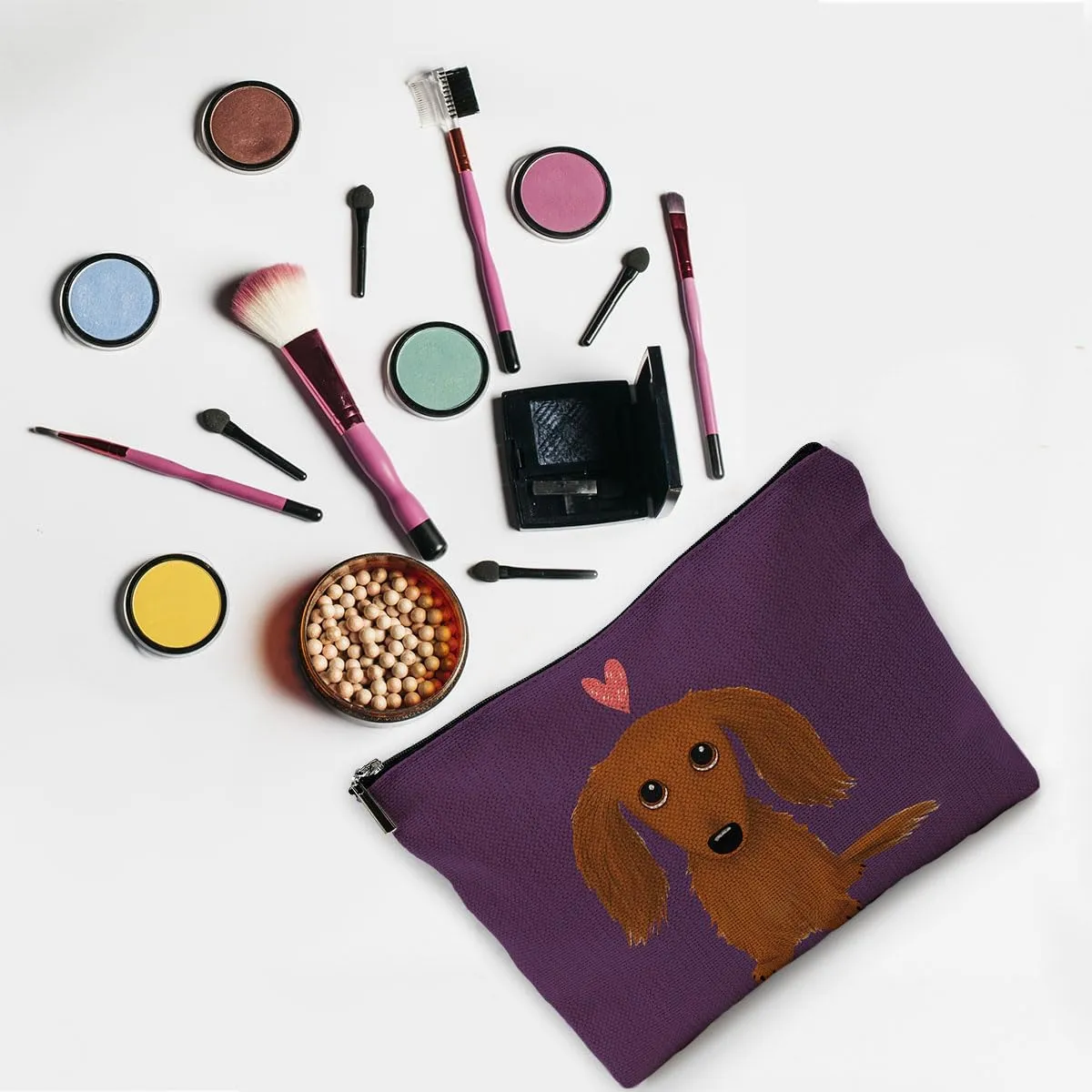 Long-Haired Dachshund Cartoon Wiener Dog Heart Makeup Bag Travel Cosmetic Bags,Funny Dachshund Puppy Dog Cosmetic Makeup Bags With Zipper Pouch Travel Toiletry Case,Dachshun,Purple Cosmetic Bag