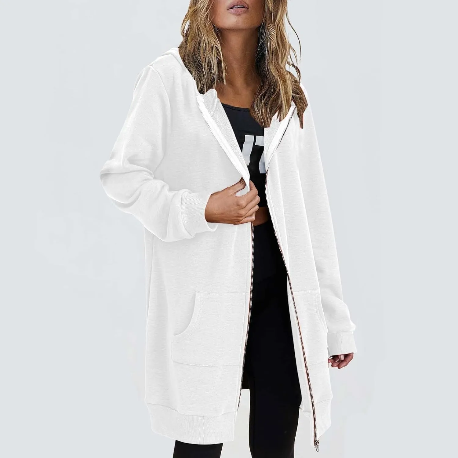 Long Hoodie for Women 2024 Casual Zip Up Drawstring Fleece Sweatshirt Oversized Jackets Coat Fall Clothes