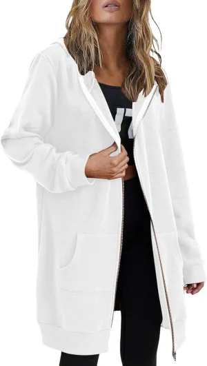 Long Hoodie for Women 2024 Casual Zip Up Drawstring Fleece Sweatshirt Oversized Jackets Coat Fall Clothes