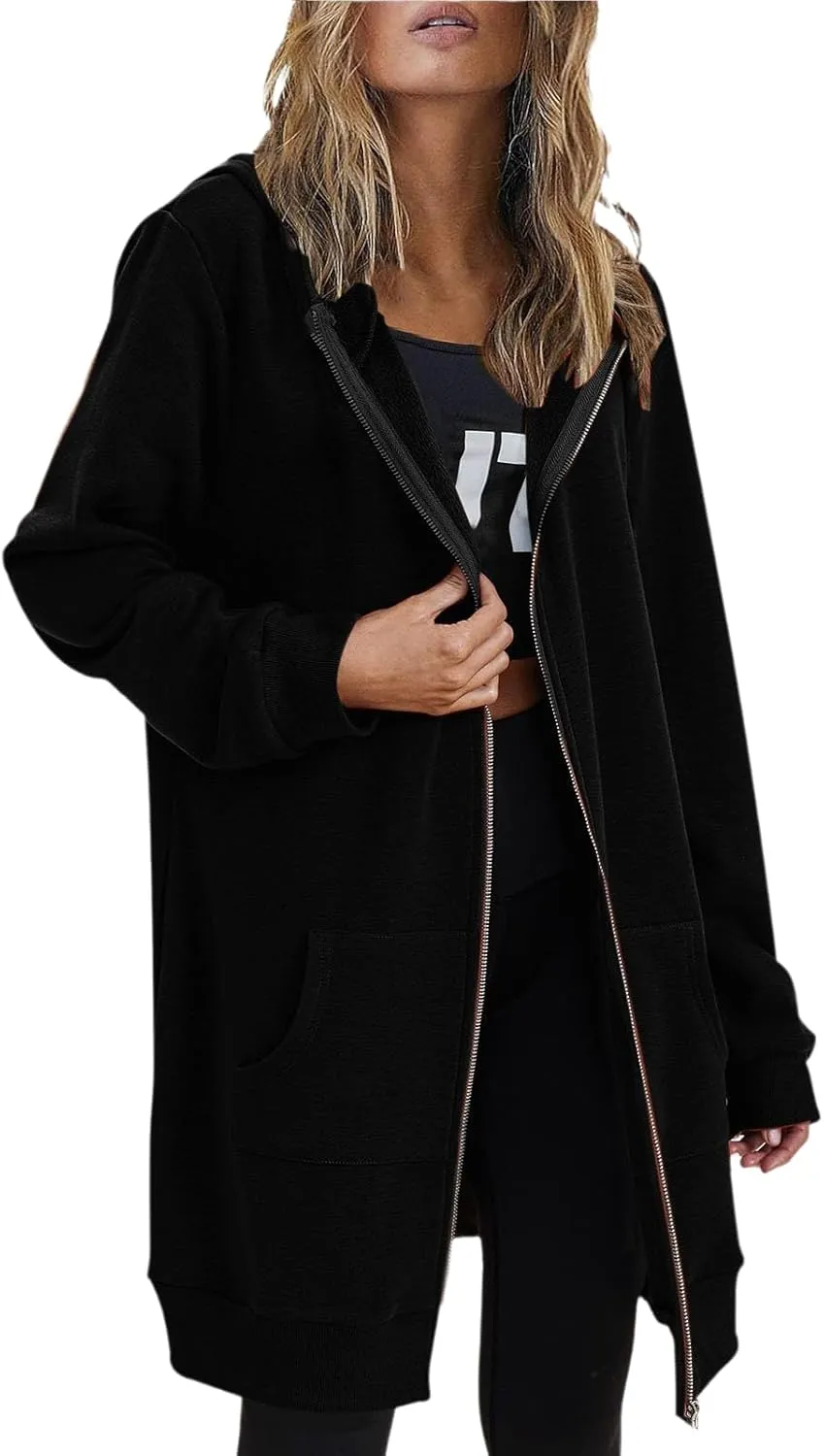 Long Hoodies for Women Zip Up Cotton Plus Size Oversized Hoodie Teen Girls Fleece Fall Sweat Jacket