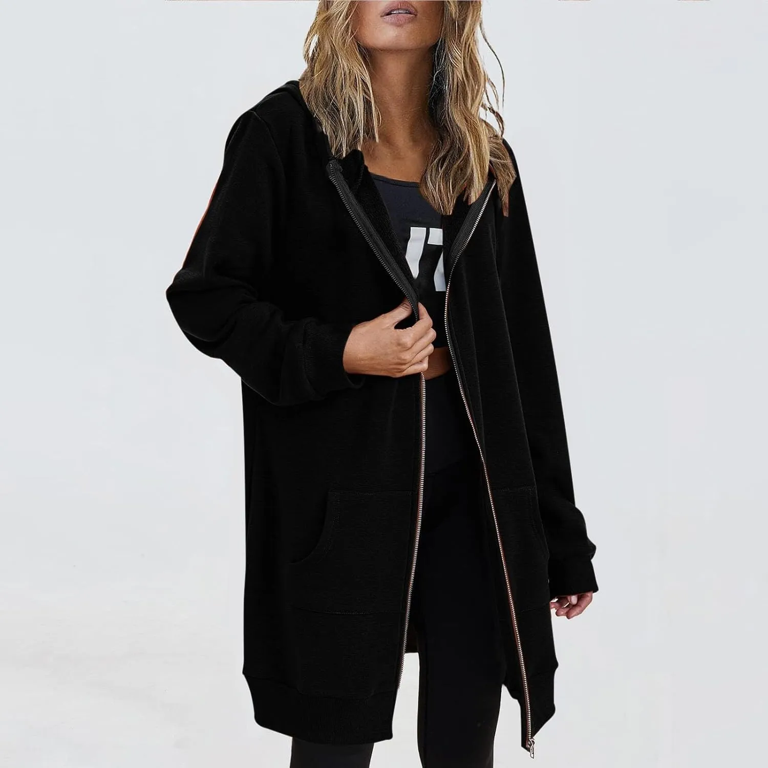 Long Hoodies for Women Zip Up Cotton Plus Size Oversized Hoodie Teen Girls Fleece Fall Sweat Jacket