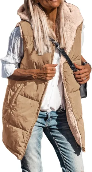 Long Puffer Jacket Womens Zip Up Hoodies Fleece Lined Puffer Vest Reversible Long Sleeve Coat Warm Winter Outwear