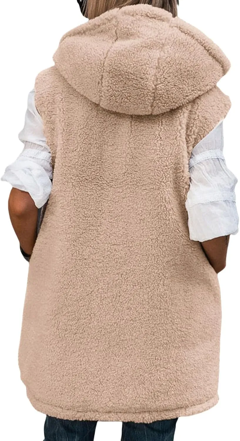 Long Puffer Jacket Womens Zip Up Hoodies Fleece Lined Puffer Vest Reversible Long Sleeve Coat Warm Winter Outwear