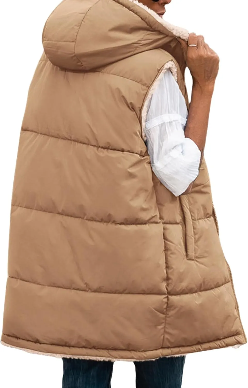 Long Puffer Jacket Womens Zip Up Hoodies Fleece Lined Puffer Vest Reversible Long Sleeve Coat Warm Winter Outwear