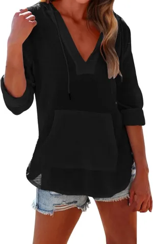 Long Sleeve Shirts for Women Casual V Neck Linen T Shirts Lightweight Pullover Tops Hoodie Sweatshirts Beach Cover Ups