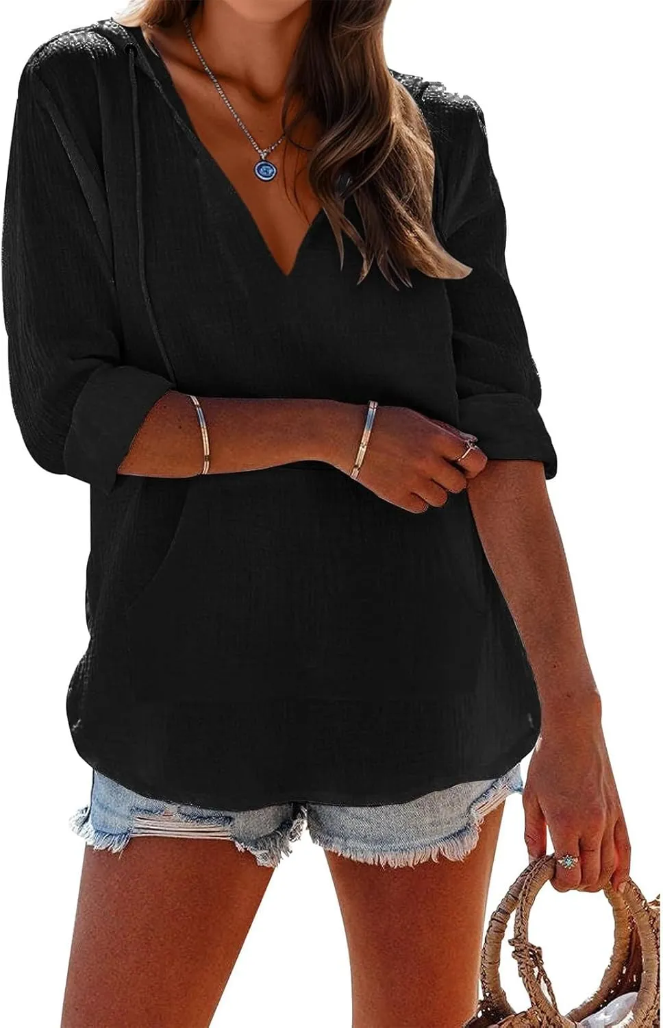Long Sleeve Shirts for Women Casual V Neck Linen T Shirts Lightweight Pullover Tops Hoodie Sweatshirts Beach Cover Ups