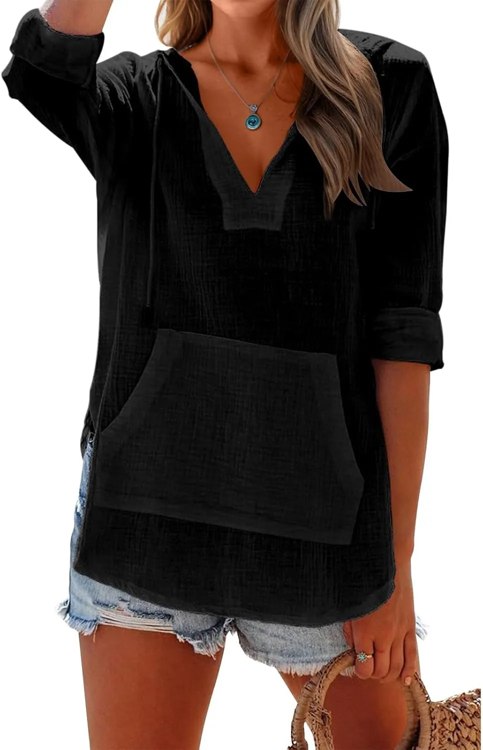 Long Sleeve Shirts for Women Casual V Neck Linen T Shirts Lightweight Pullover Tops Hoodie Sweatshirts Beach Cover Ups