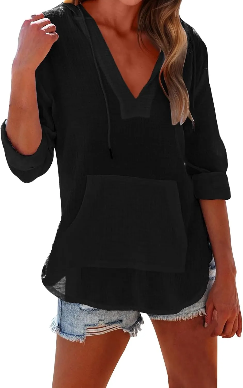 Long Sleeve Shirts for Women Casual V Neck Linen T Shirts Lightweight Pullover Tops Hoodie Sweatshirts Beach Cover Ups