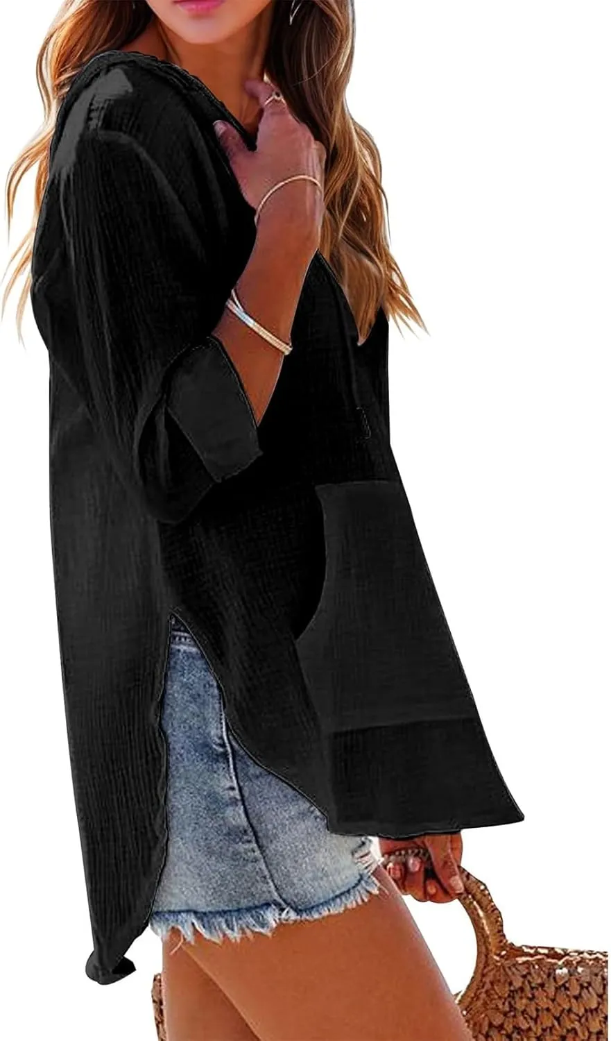 Long Sleeve Shirts for Women Casual V Neck Linen T Shirts Lightweight Pullover Tops Hoodie Sweatshirts Beach Cover Ups