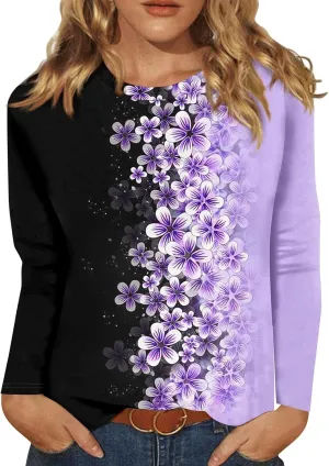 Long Sleeve Womens Tops 2024 Vintage Print Casual Loose with Round Neck Plus Size Shirts