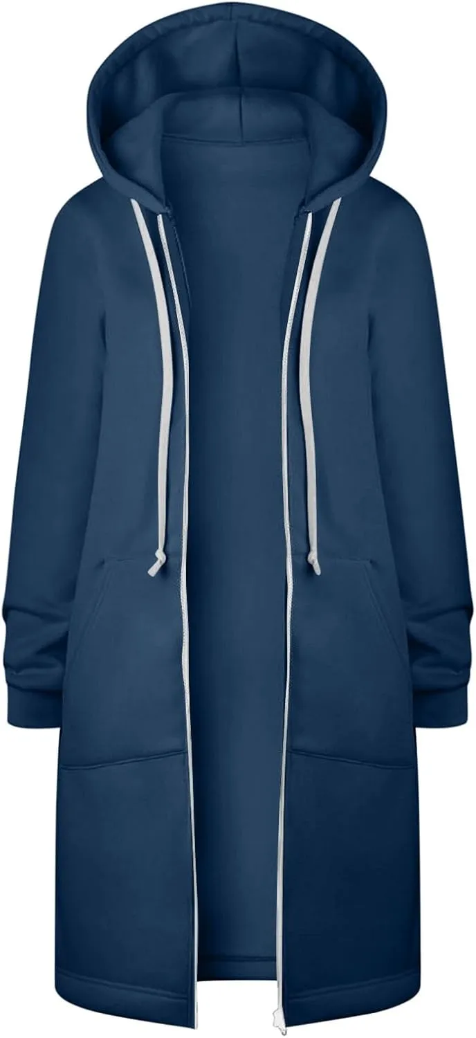 Longline Zip Up Hoodies for Women Casual Fleece Long Sweatshirt Jacket Warm Hooded Coats Winter Fall Outerwear