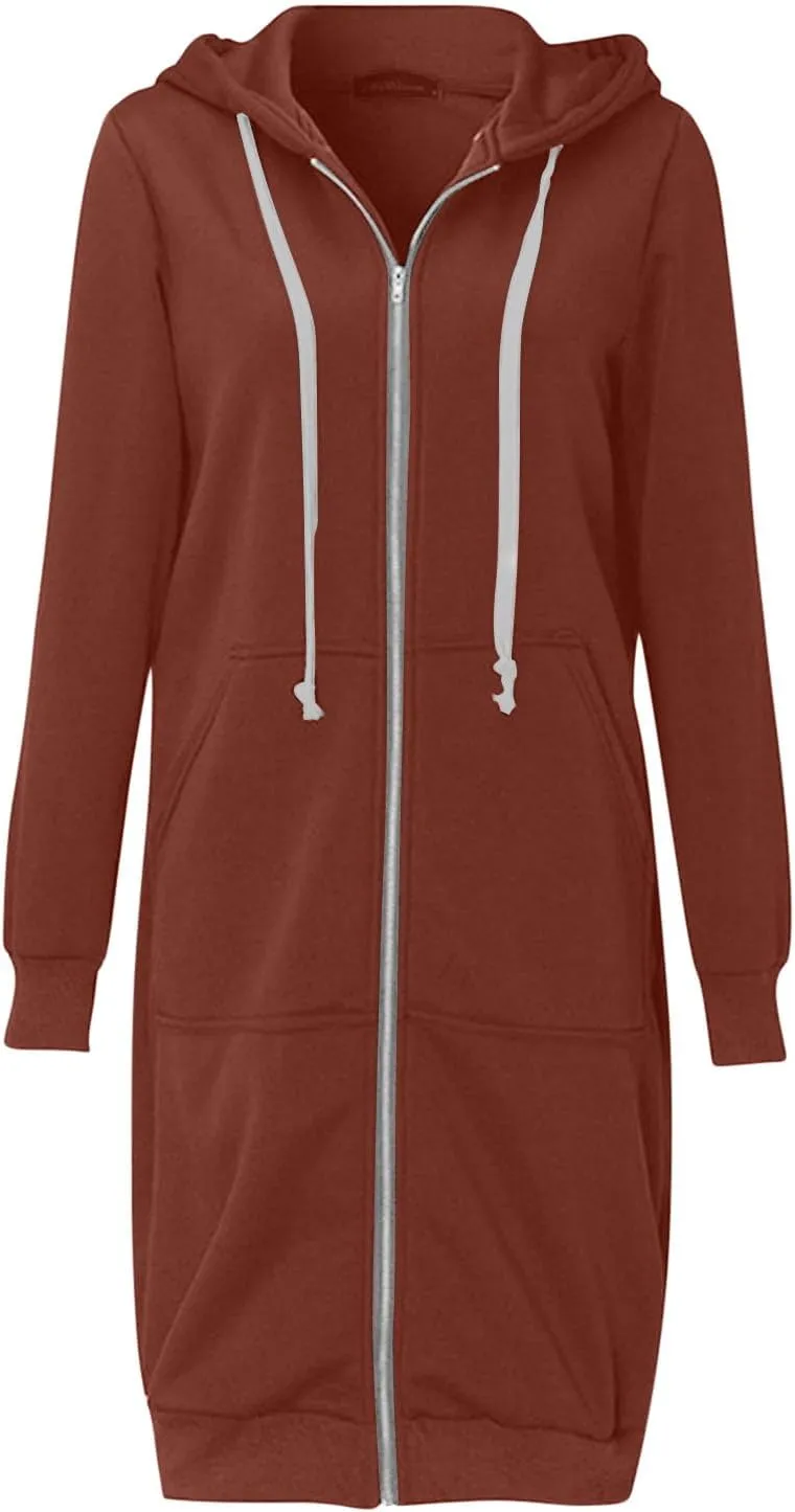 Longline Zip Up Hoodies for Women Casual Fleece Long Sweatshirt Jacket Warm Hooded Coats Winter Fall Outerwear