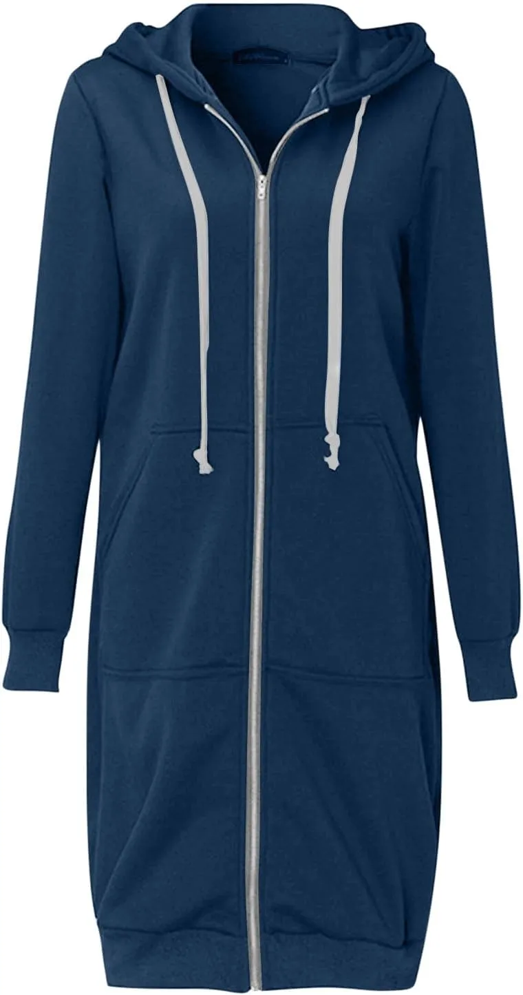 Longline Zip Up Hoodies for Women Casual Fleece Long Sweatshirt Jacket Warm Hooded Coats Winter Fall Outerwear