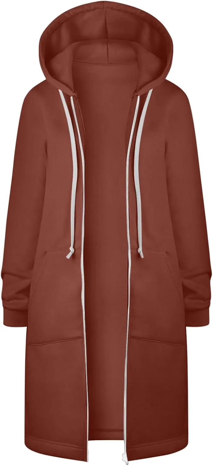 Longline Zip Up Hoodies for Women Casual Fleece Long Sweatshirt Jacket Warm Hooded Coats Winter Fall Outerwear