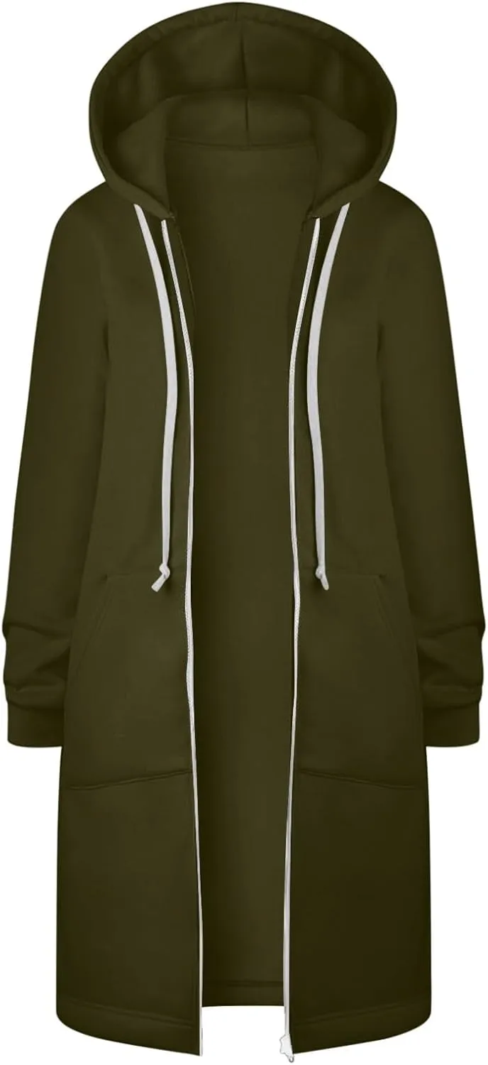 Longline Zip Up Hoodies for Women Casual Fleece Long Sweatshirt Jacket Warm Hooded Coats Winter Fall Outerwear
