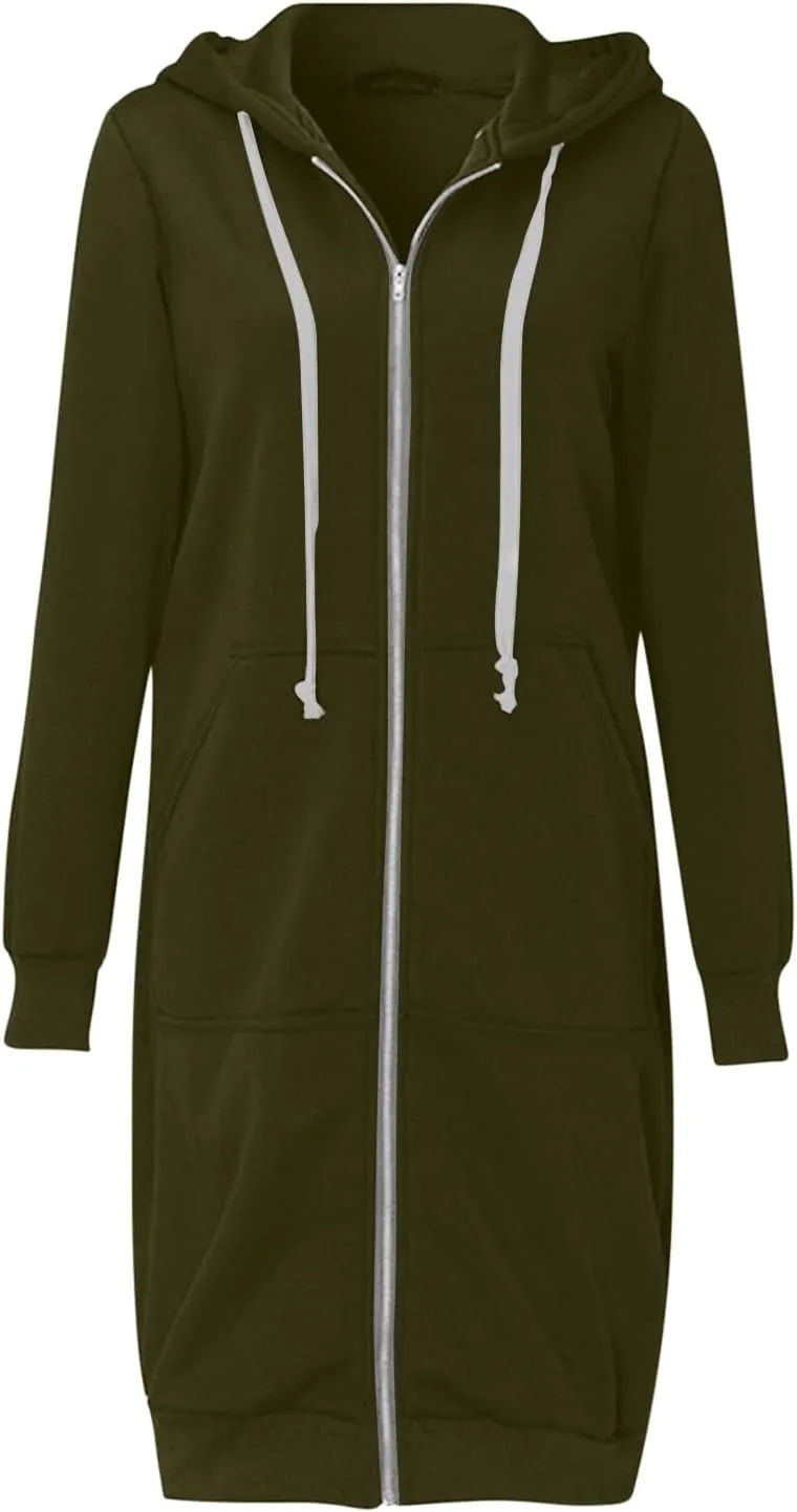 Longline Zip Up Hoodies for Women Casual Fleece Long Sweatshirt Jacket Warm Hooded Coats Winter Fall Outerwear