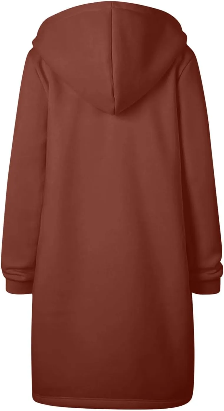 Longline Zip Up Hoodies for Women Casual Fleece Long Sweatshirt Jacket Warm Hooded Coats Winter Fall Outerwear