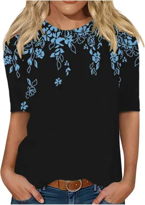LRMQS Womens Elbow Length Sleeve Tops 2025 Spring Summer Floral Print Crew Neck T-Shirts Blouses Trendy Boho Clothes