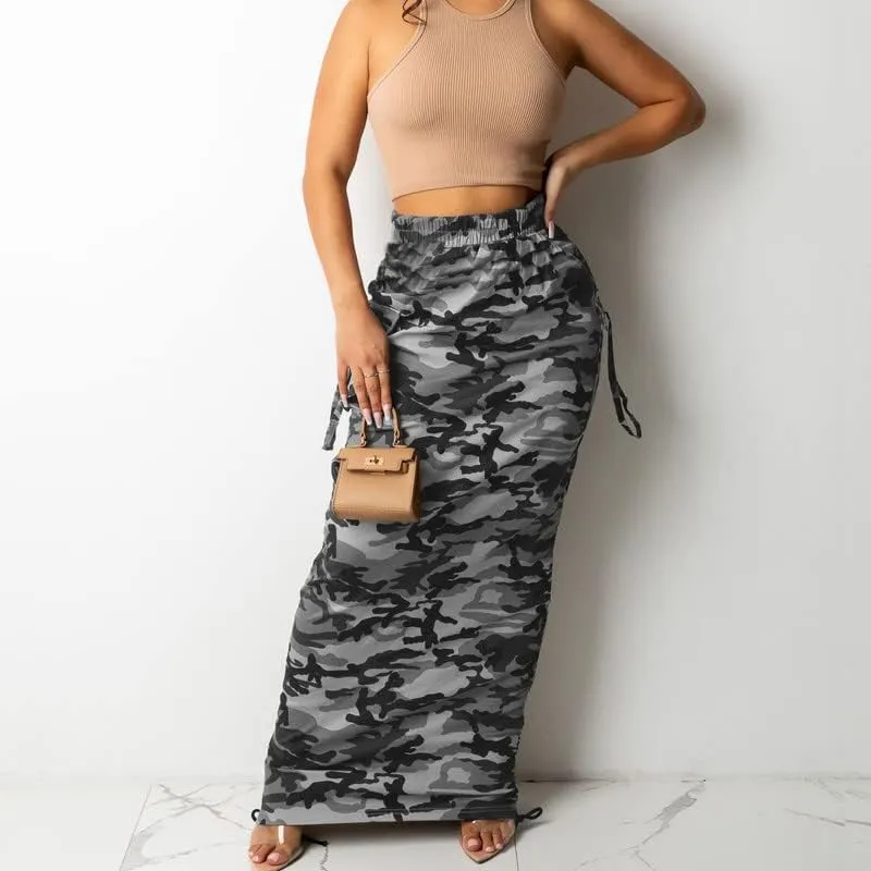 LROSEY Women's Camo Midi Skirt Dress Side String Ruffle Bodycon Skirts