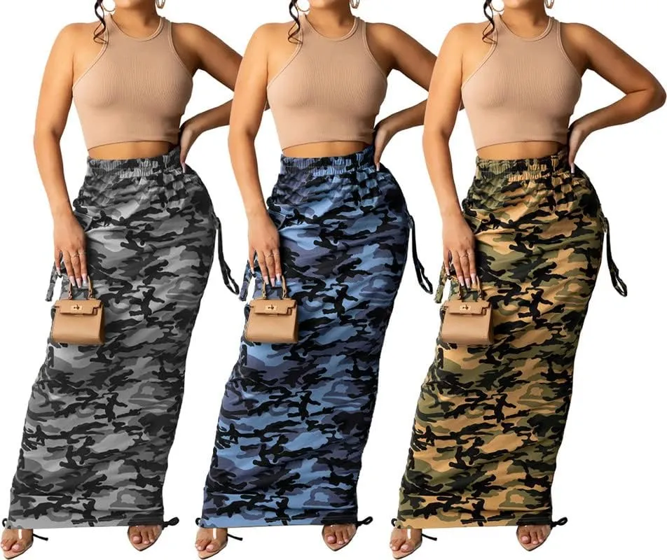 LROSEY Women's Camo Midi Skirt Dress Side String Ruffle Bodycon Skirts