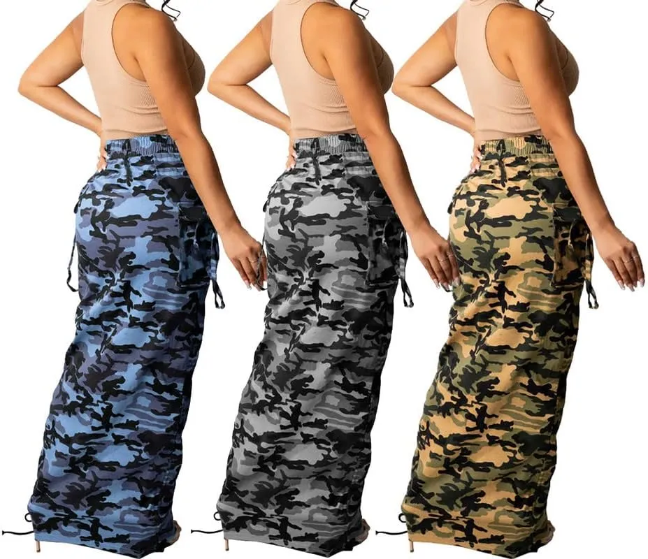 LROSEY Women's Camo Midi Skirt Dress Side String Ruffle Bodycon Skirts