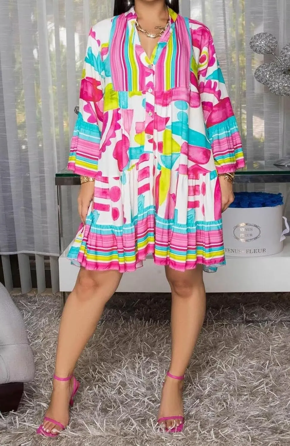 LROSEY Womens Summer Casual Floral Shirt Dresses Loose 3/4 Sleeve Button Up Ruffle Short Mini Dress