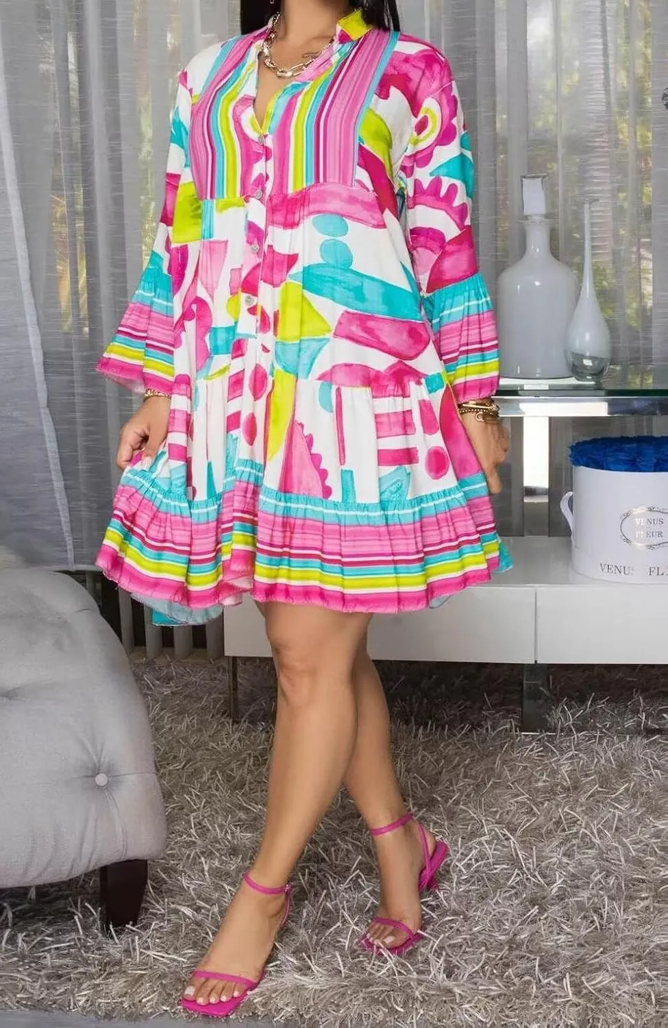 LROSEY Womens Summer Casual Floral Shirt Dresses Loose 3/4 Sleeve Button Up Ruffle Short Mini Dress