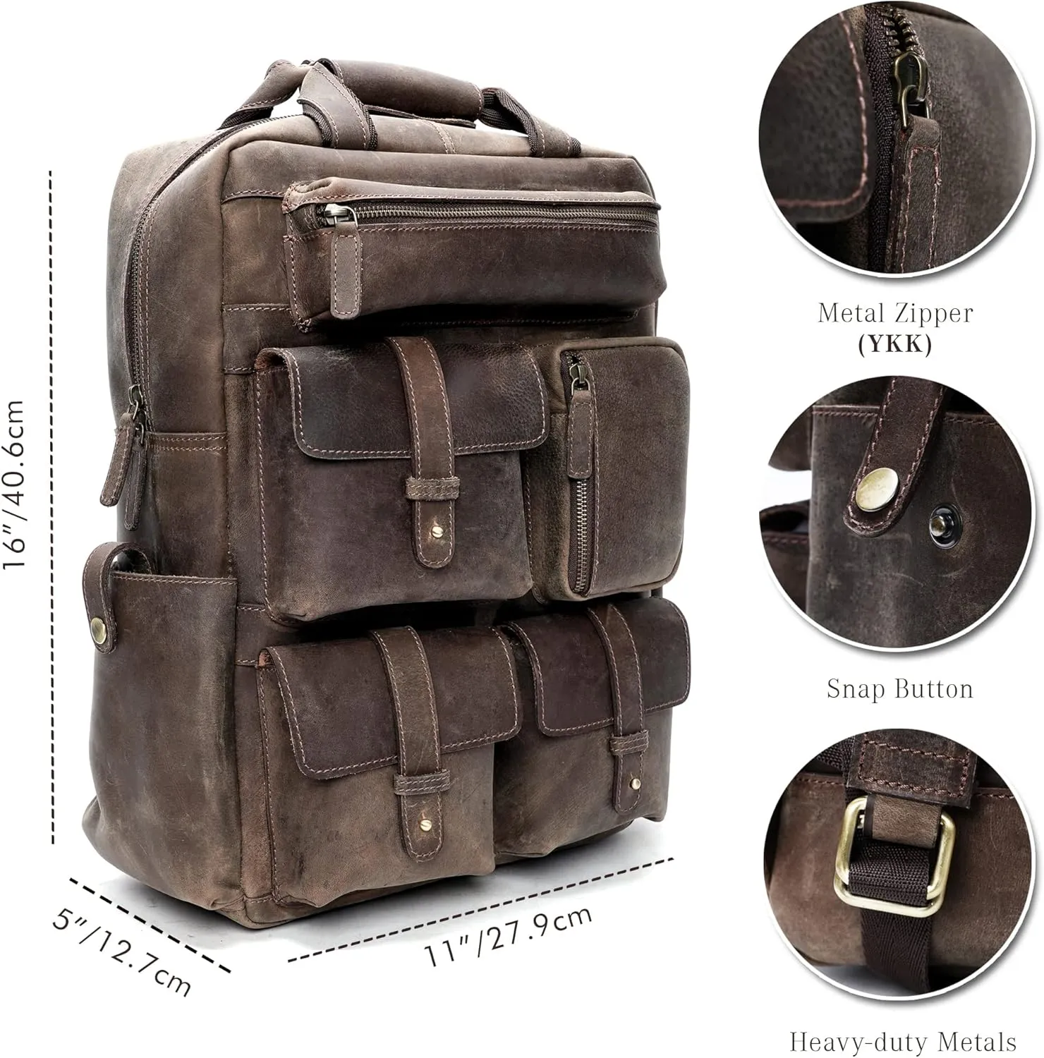 LUXEORIA Handmade Leather Backpack for Men and Women, 15.6 Inch Laptop Bag, Genuine Leather Casual Daypack, For College & Office, Travel or Hiking - Retro Hunter Brown