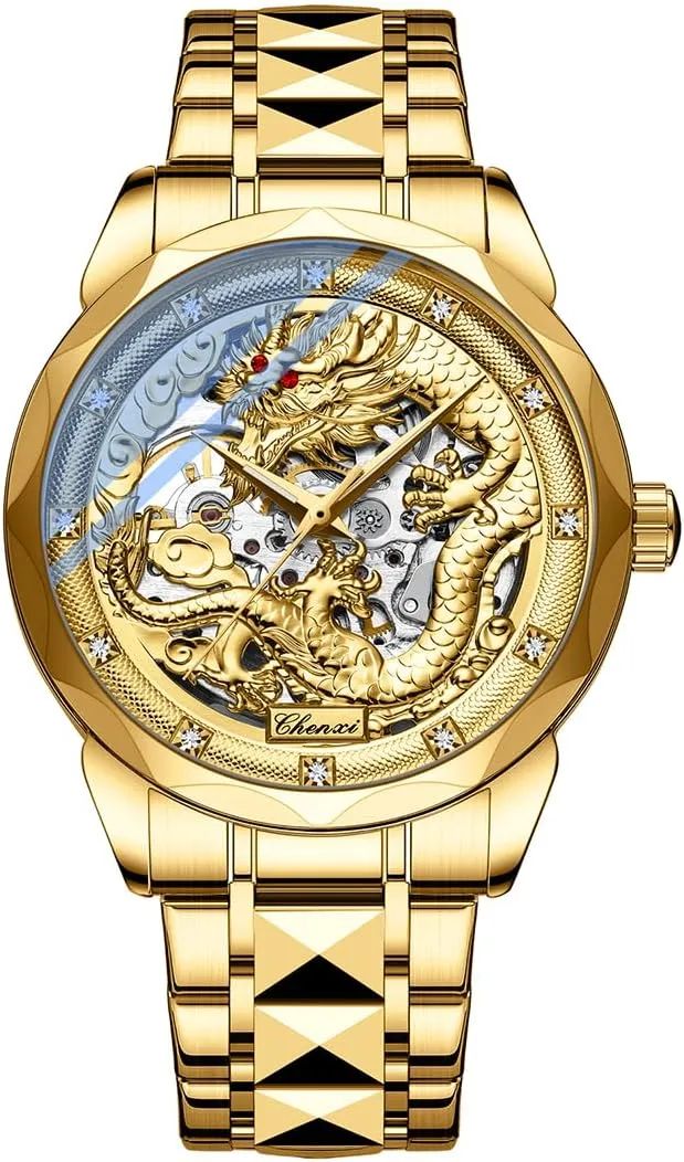 Luxury Gold Mechanical Watch Men Unique Dragon Patern Dial Golden Stainless Steel Strap Automatic Men's Wathces