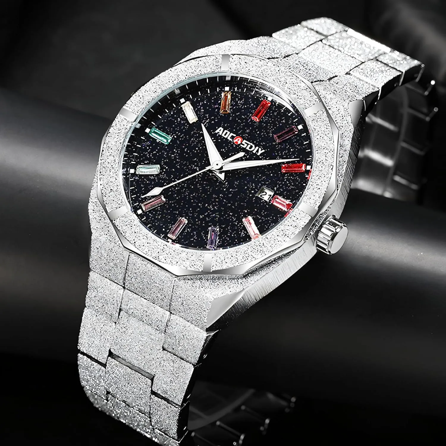 Luxury Men Quartz Watches Colourful Rhinestone Bling Dial Frosted Star Dust Rainbow Watch Men's Golden Wristwatch Stainless Steel Waterproof Luminous