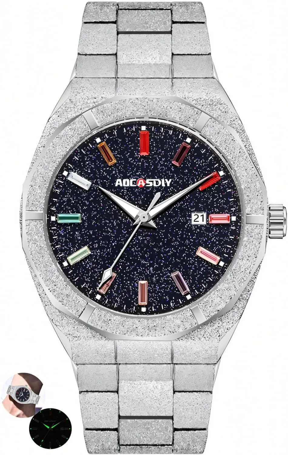 Luxury Men Quartz Watches Colourful Rhinestone Bling Dial Frosted Star Dust Rainbow Watch Men's Golden Wristwatch Stainless Steel Waterproof Luminous