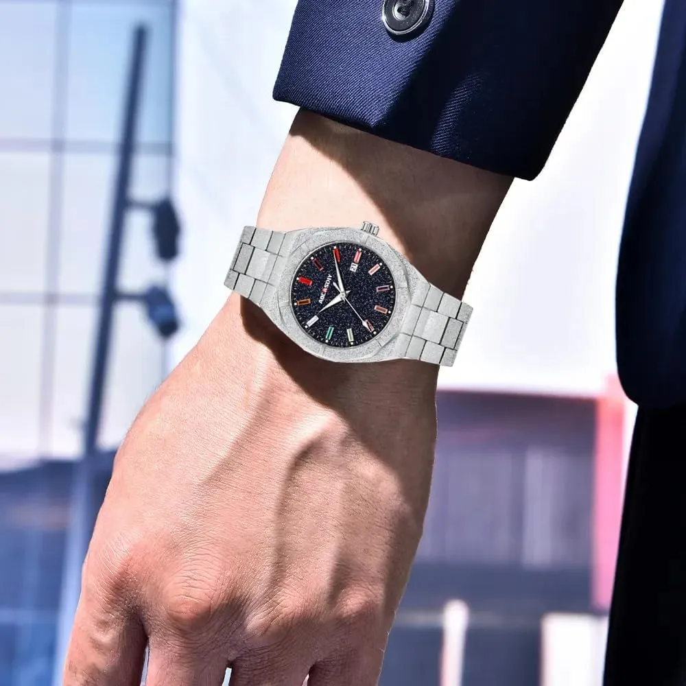 Luxury Men Quartz Watches Colourful Rhinestone Bling Dial Frosted Star Dust Rainbow Watch Men's Golden Wristwatch Stainless Steel Waterproof Luminous