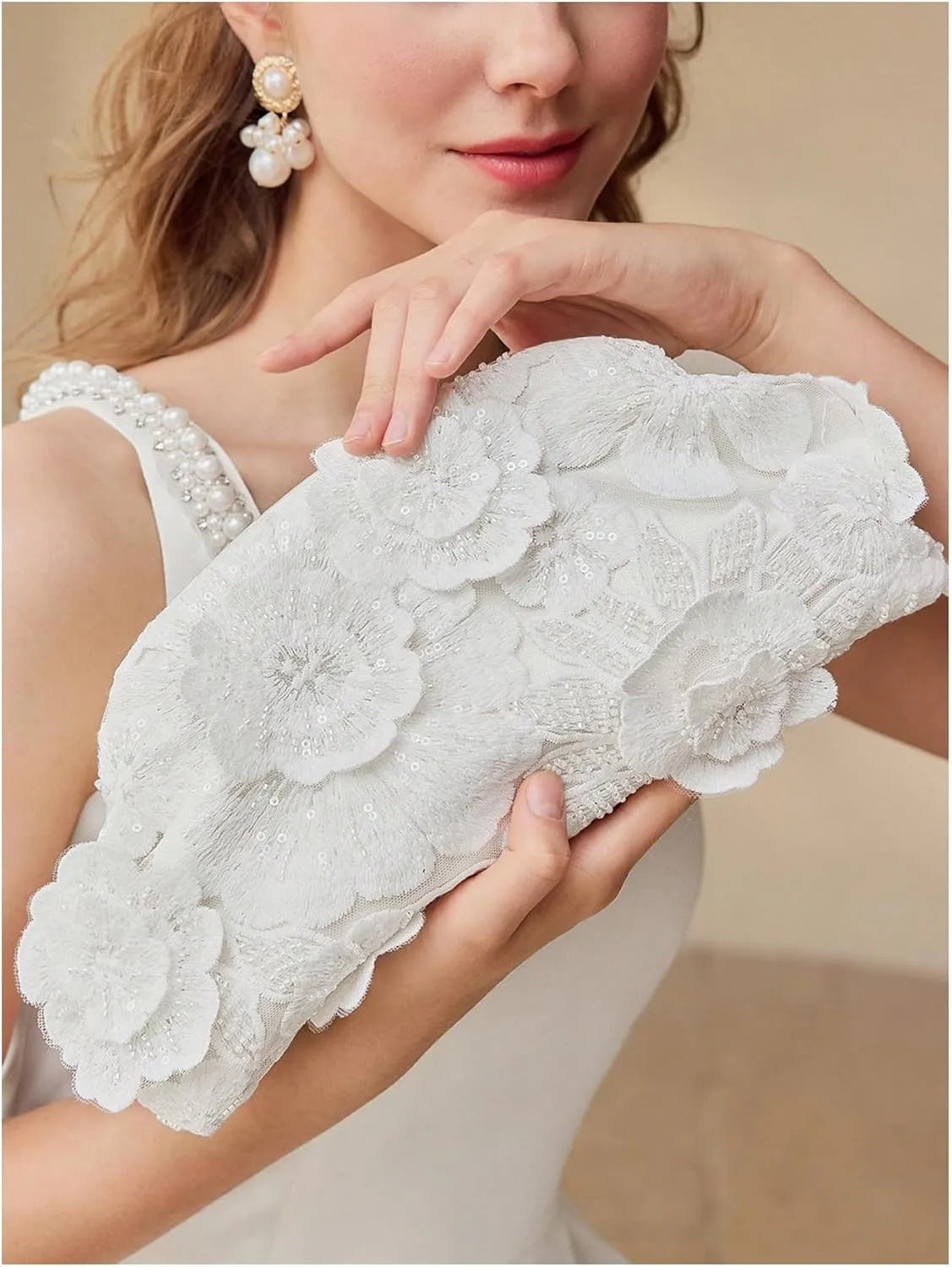 MakeMeChic Women's 3D Flower Evening Bag Lace Appliques Clutch Purse Underarm Handbags