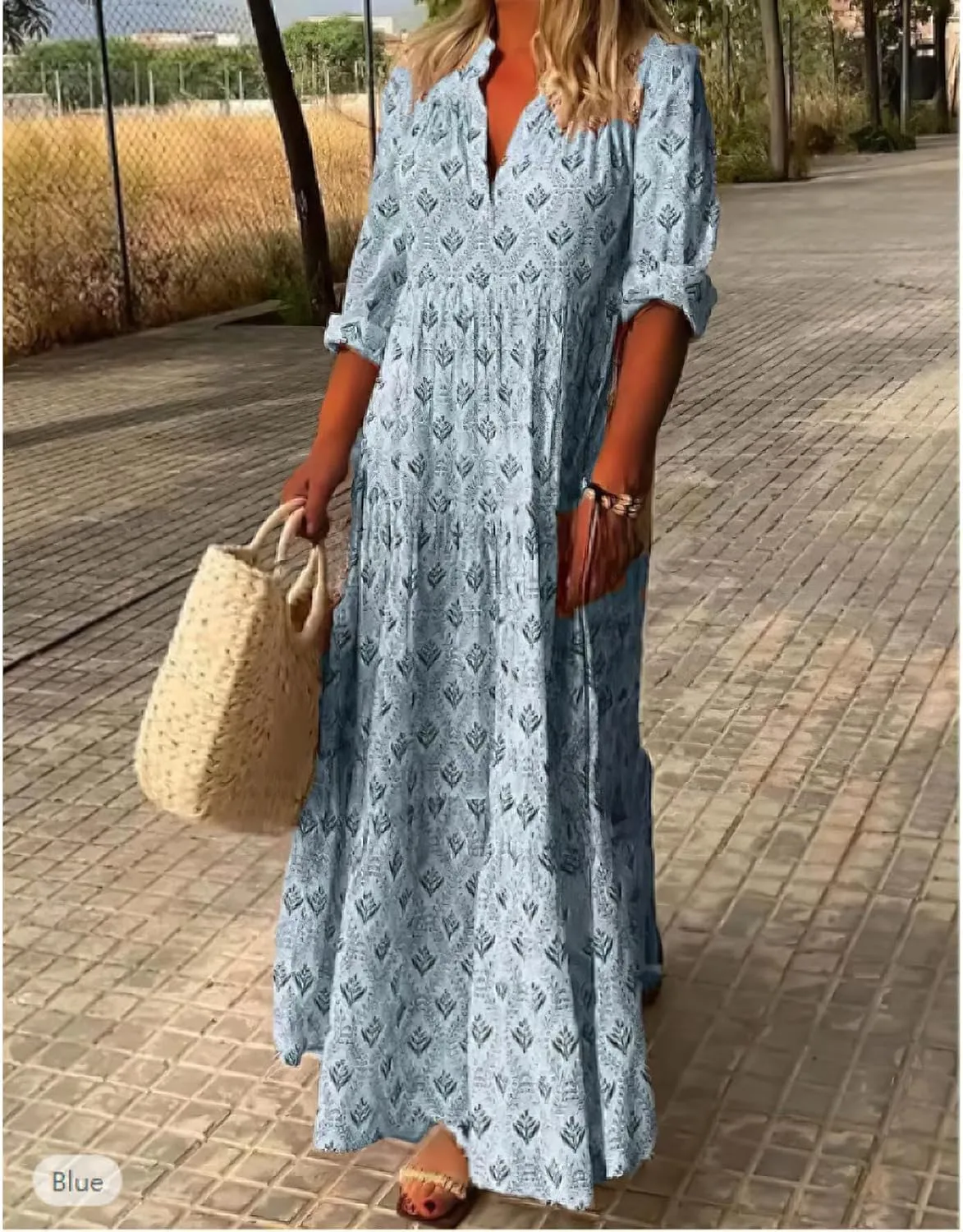 MARSVOVO Women's Floral Print Boho Maxi Dress Long Sleeve Mock Neck High Waist Casual Comfort Beach Flowy Tunic Dress