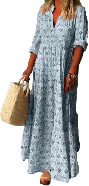 MARSVOVO Women's Floral Print Boho Maxi Dress Long Sleeve Mock Neck High Waist Casual Comfort Beach Flowy Tunic Dress