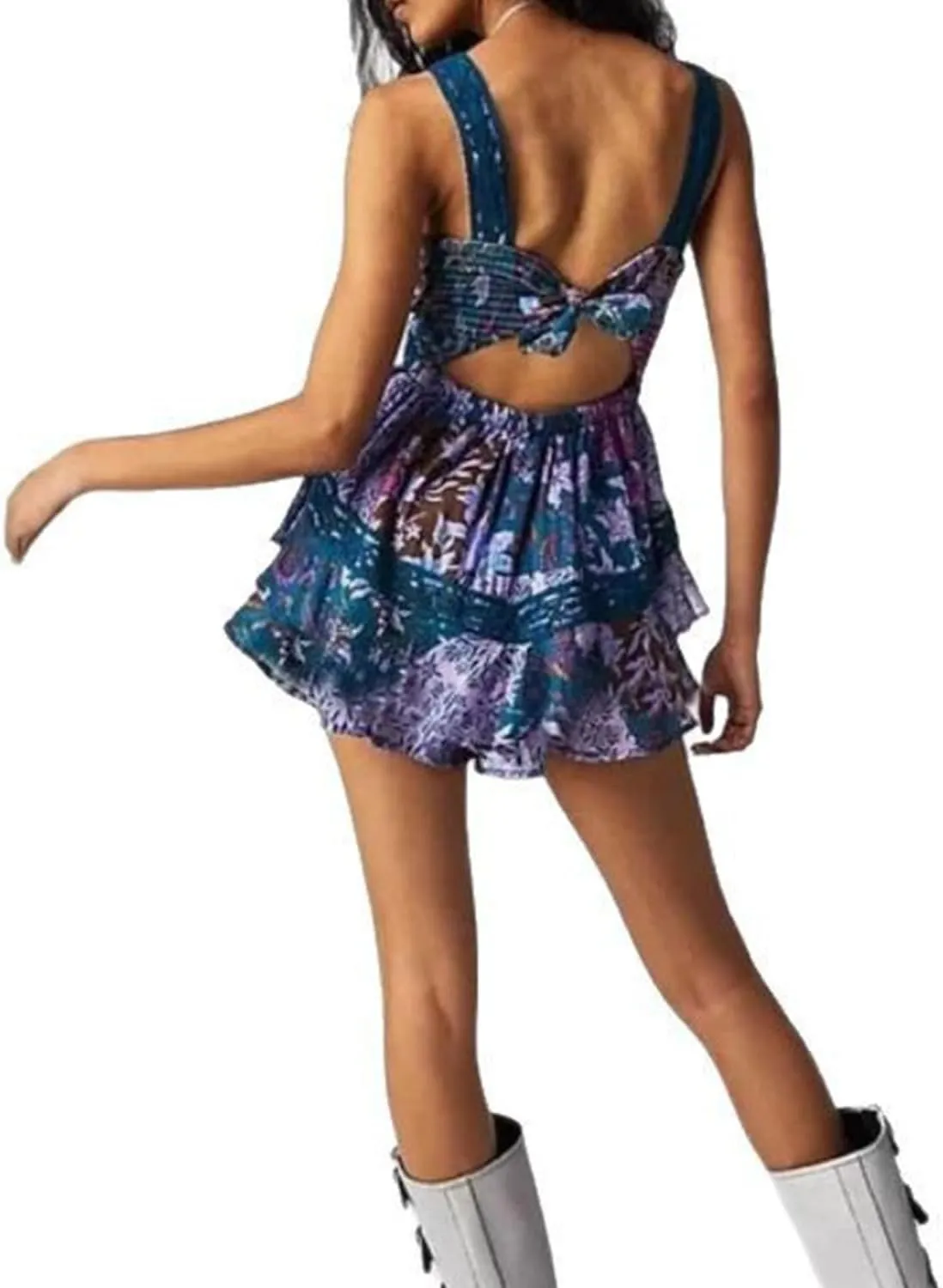 Melliflo Womens Boho Floral Print Dress Sexy V Neck Bow Ruffle Backless Spaghetti Strap Mini Dress Beach Vacation Swimdress