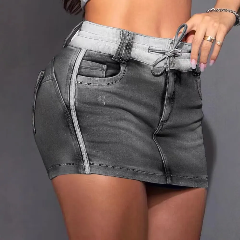 Melliflo Women's Summer Denim Skirt Drawstring Bodycon Sexy Shorts High Waisted Mini A Line Skirts Built in Short Jean