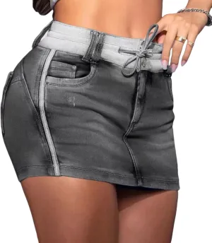 Melliflo Women's Summer Denim Skirt Drawstring Bodycon Sexy Shorts High Waisted Mini A Line Skirts Built in Short Jean