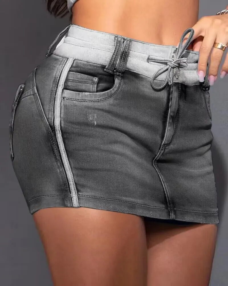 Melliflo Women's Summer Denim Skirt Drawstring Bodycon Sexy Shorts High Waisted Mini A Line Skirts Built in Short Jean