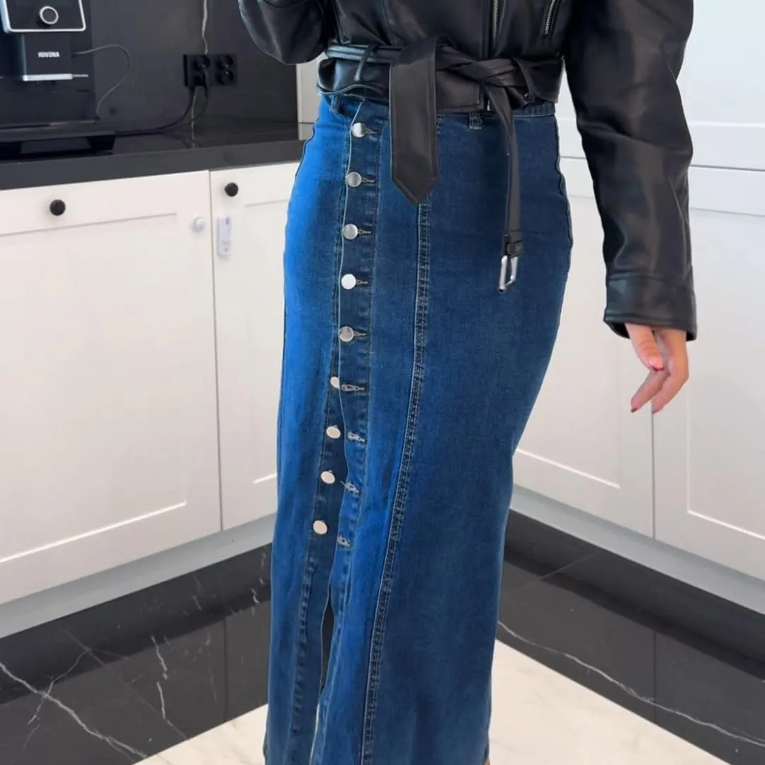 Melliflo Women's Summer Trendy Split Denim Skirts Button Front Bodycon Maxi Skirt High Waisted A Line Long Jean Skirts