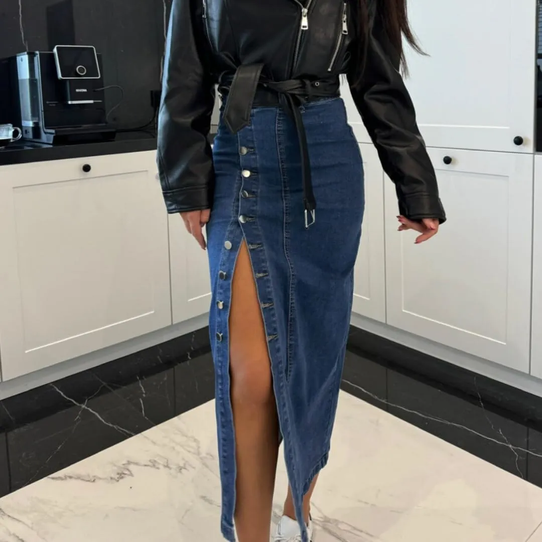 Melliflo Women's Summer Trendy Split Denim Skirts Button Front Bodycon Maxi Skirt High Waisted A Line Long Jean Skirts