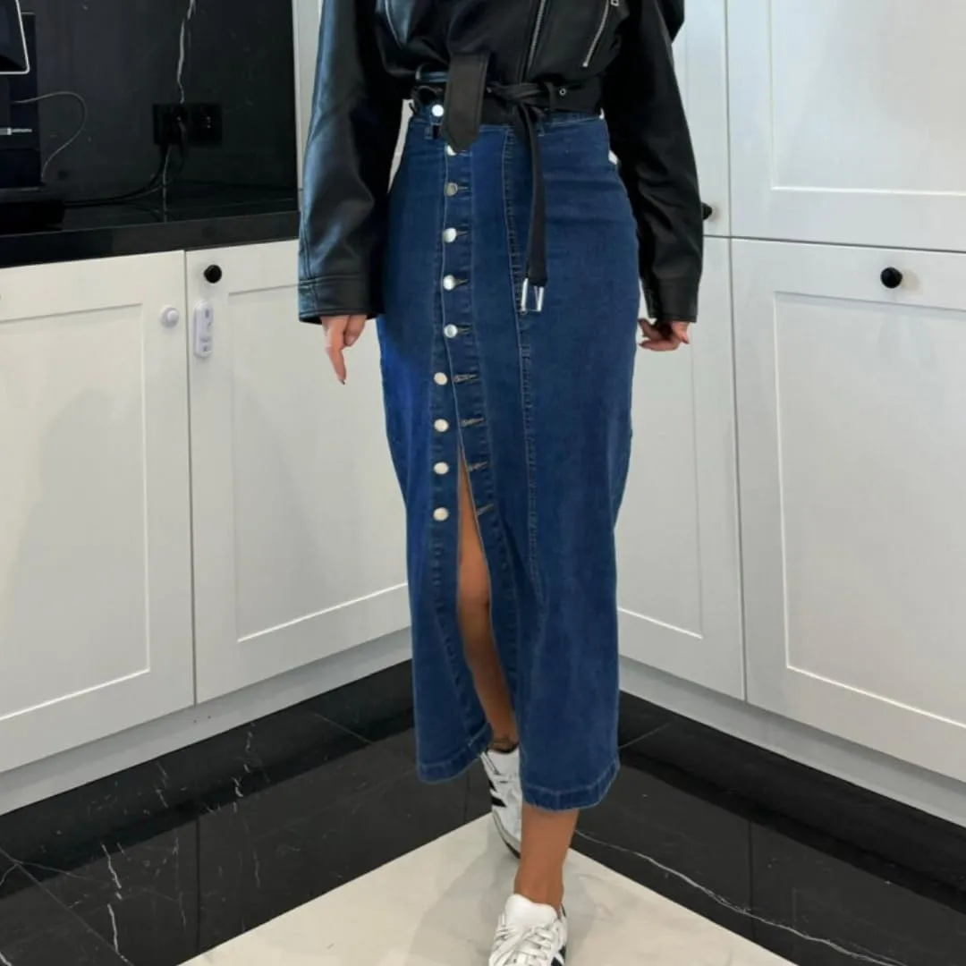 Melliflo Women's Summer Trendy Split Denim Skirts Button Front Bodycon Maxi Skirt High Waisted A Line Long Jean Skirts