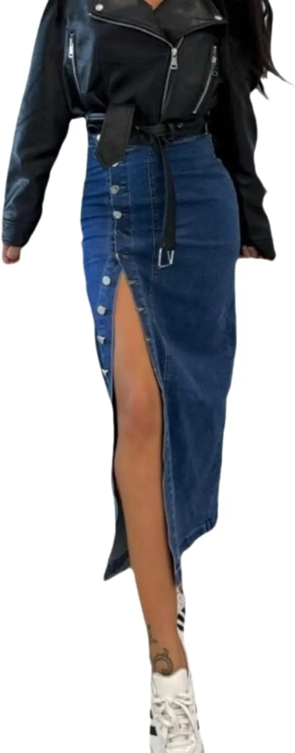 Melliflo Women's Summer Trendy Split Denim Skirts Button Front Bodycon Maxi Skirt High Waisted A Line Long Jean Skirts