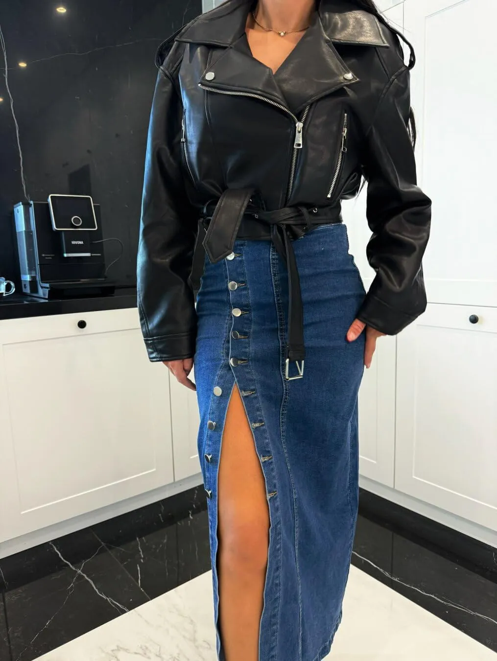 Melliflo Women's Summer Trendy Split Denim Skirts Button Front Bodycon Maxi Skirt High Waisted A Line Long Jean Skirts